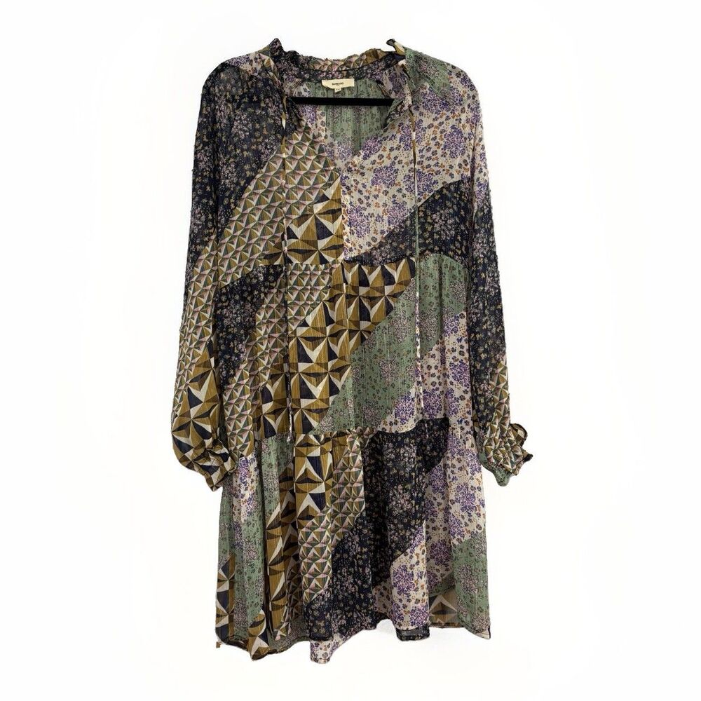Suncoo Paris Dress Size Medium T2 Mini Sheer Patchwork Geometric Long Sleeve